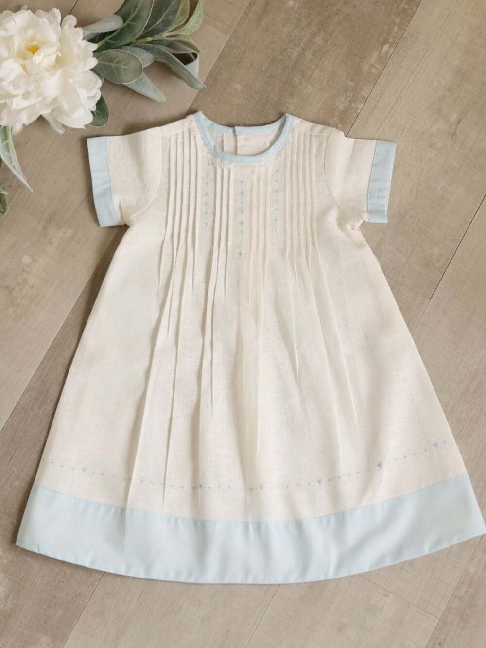 Boy's Ivory Cotton Linen Heirloom Daygown Blue Accents Coming Home 1st Portraits